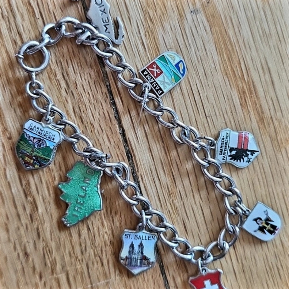 1800s 800 / 830 Silver Pre 1920  Antique Rare Travel Shields Bracelet Firm$ EUC